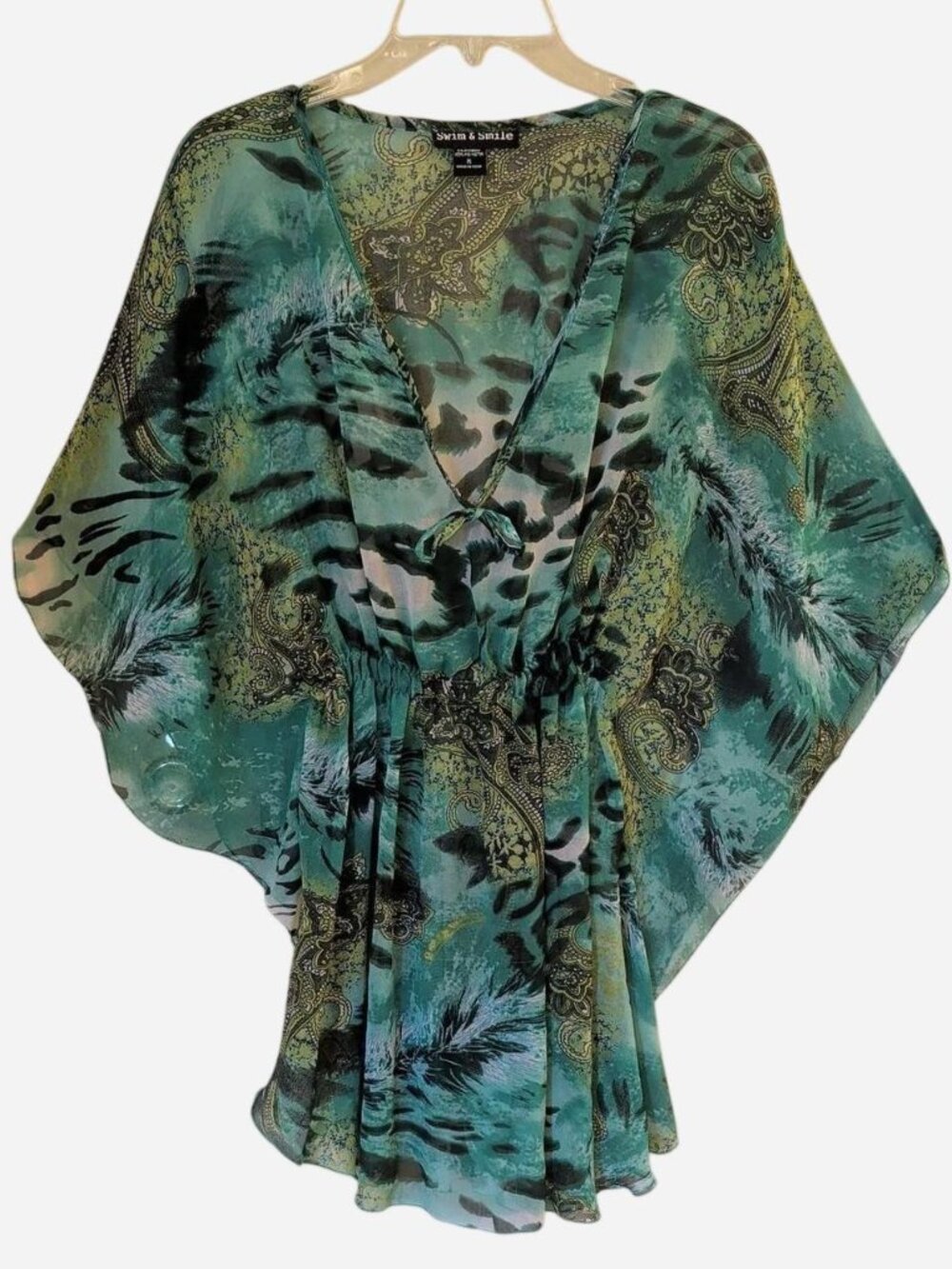 Swim & Smile Green Printed V-Neck Tie-Waist Swim Cover-Up Size M